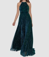 Betsy & Adam Women Green Metallic Halter Knit Sleeveless Gown Dress Size 8