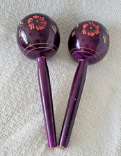Wooden Gourd Maracas Purple Hand Painted 11"