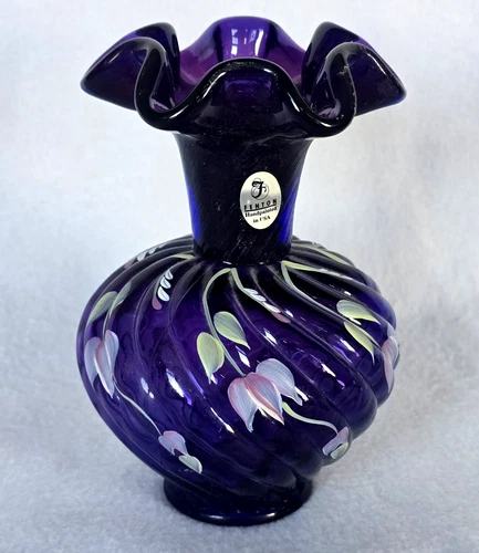 Artist Signed Fenton Amethyst Glass 6"  Vase Hand Painted Vintage