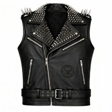 Men s Black Leather Spiked Studded Biker Vest Punk Rock Heavy Metal Moto Waist