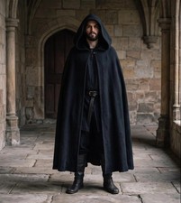 Men's Black Wool Hooded Cloak, Halloween Cosplay Gothic Costume