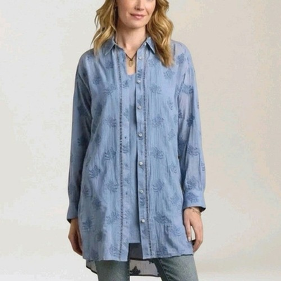 #ad Sundance Cotton Cloverfield Embroidered Tunic Button Long Sleeve Shirt Blue M $38.99