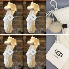 4 UGG HOME Christmas Ivory Cable Knit Stocking Set Fur Pom Poms Luxury Cream NEW