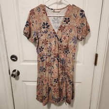 SO  Women’s Dress Med  Tan Floral Cottagecore Peasant Hippie Beach Grandma 