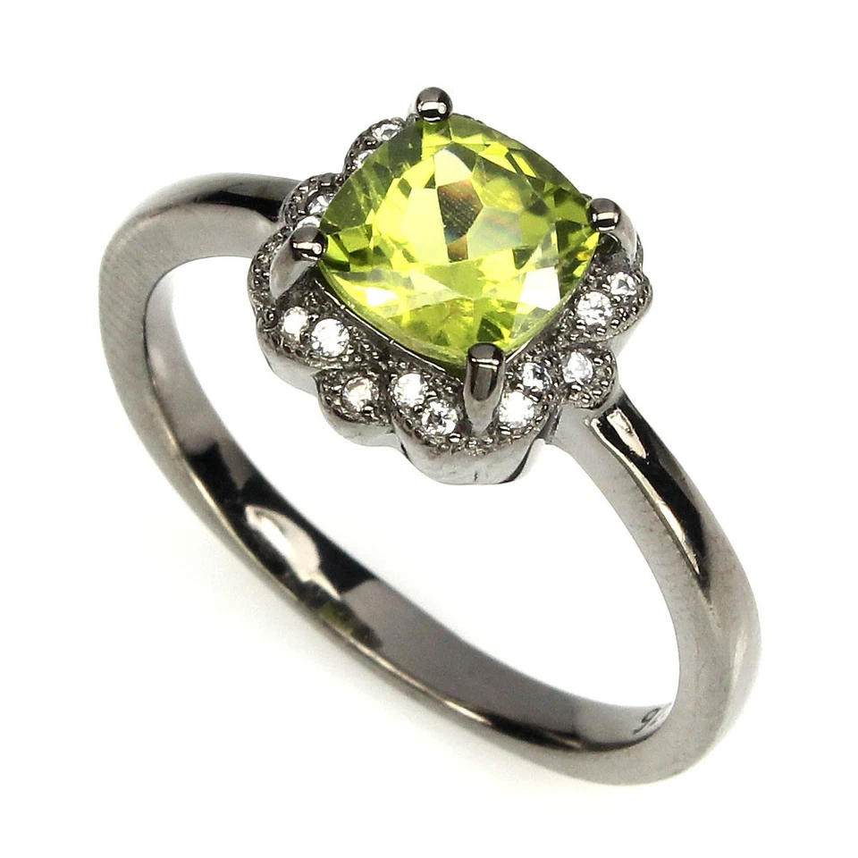 925 Anello Argento Sterling Cuscino Peridoto 7mmNatural Gemma Gioielli Misura 9 - Immagine 2 di 4