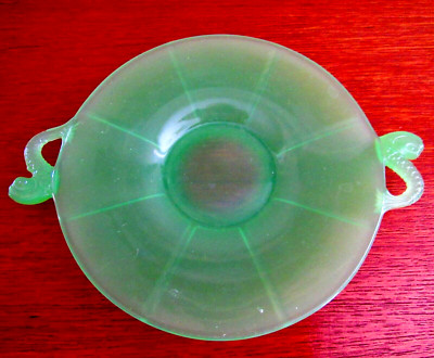 VTG Early Fenton Green Jadeite Dolphin Handles Fine Art Glass Candy Dish- EUC
