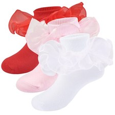 Girls Ruffle Socks Frilly Double Lace Socks Cotton Turn Cuff Socks 6-8 Years ...