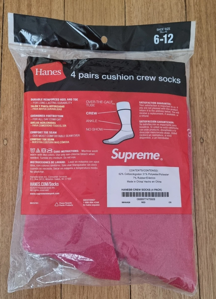 Supreme Hanes Red Crew Socks Four Pack Brand New Unopened DS Authentic 6 - 12 US