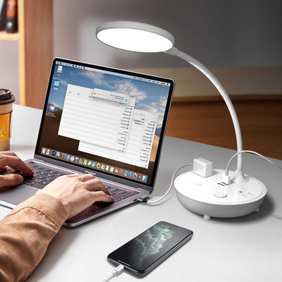 LED Desk Lamp with 2 USB Ports and 2 Outlets Task Lamp Flexible Gooseneck Table 