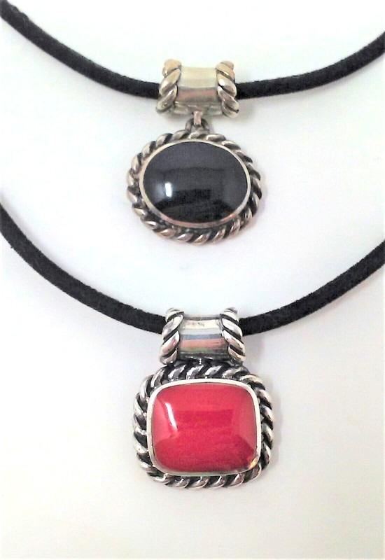 Lot of 2: SC 925 Red Coral & Black Onyx Sterling Silver Large Bale Pendants 20g