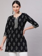 Black Floral Printed Women Cotton Black Kurti