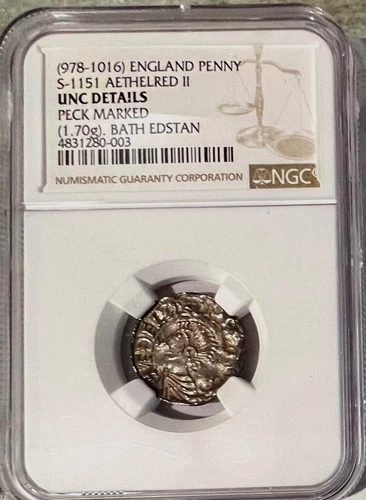 England 978 - 1016 King  Aethelred II Silver Penny NGC UNC Peck Marked S-1151