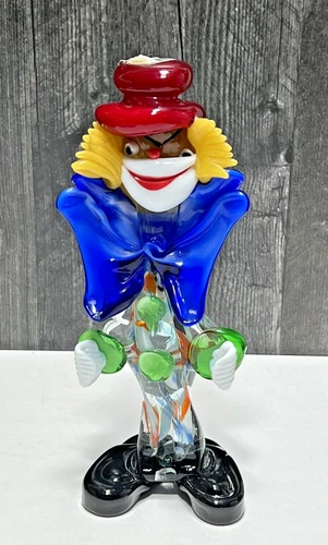 Vintage Murano Blown Art Glass Clown 9” Italy Paper Labels Red Hat Blue Bow Tie