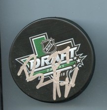 BARRETT HAYTON SOO GREYHOUNDS CANADA SIGNED 2018 NHL DRAFT HOCKEY PUCK w/ COA