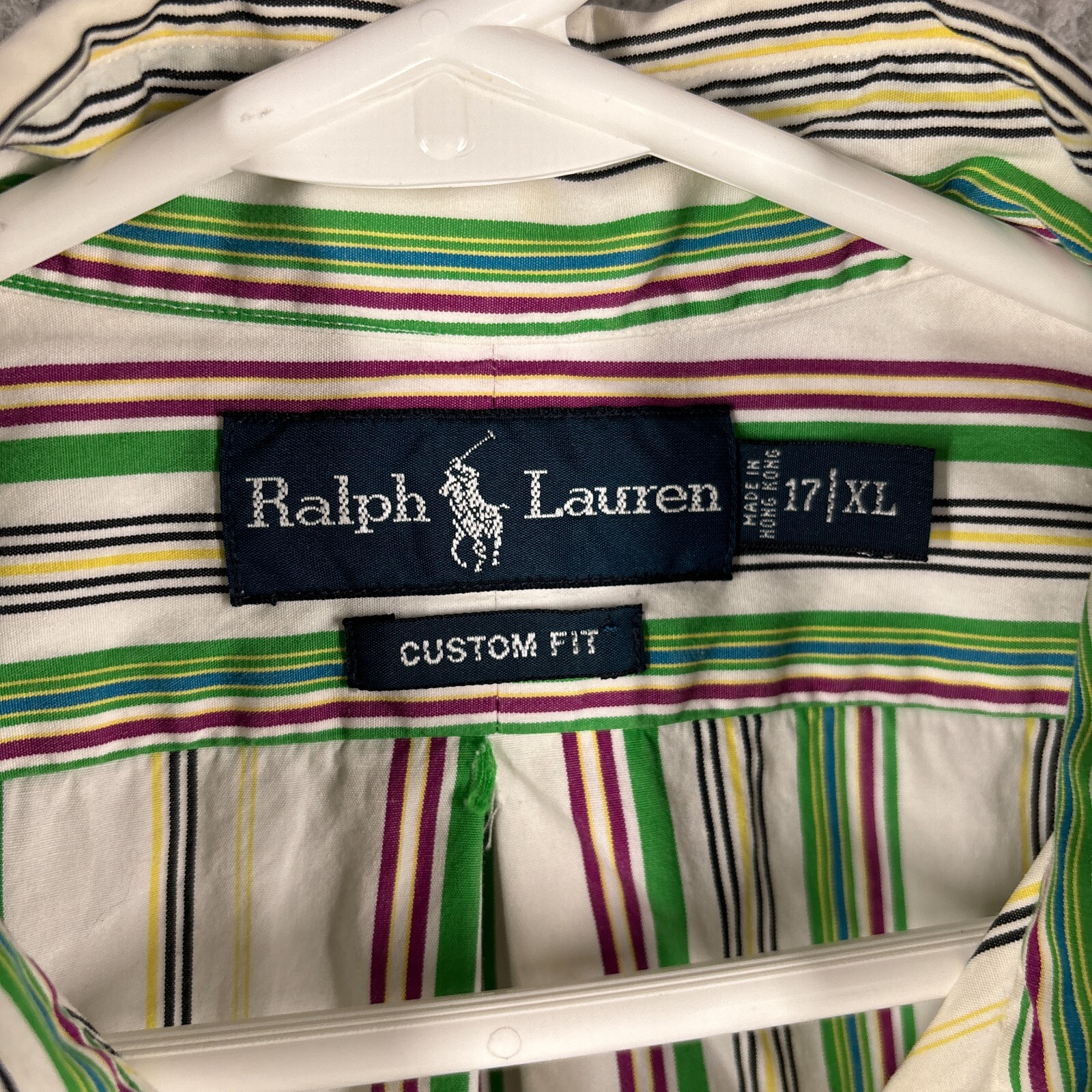 Camicia Ralph Lauren uomo XL bianca verde a righe vestibilità personalizzata piccolo pony manica lunga