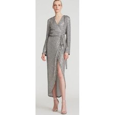 Halston Sz 16 Sheath Dress Maxi Falan Sequin Cocktail Silver Faux Wrap Tie Waist