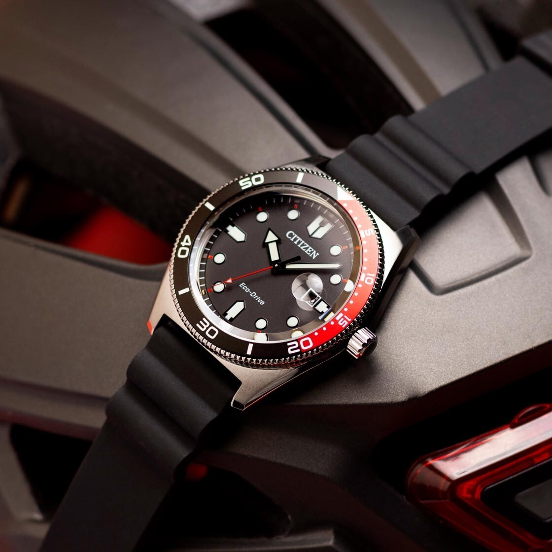 Citizen Eco-Drive AW1769-10E Black Red Bezel Analog Rubber Men's