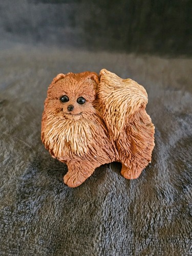 Vintage 1984 Sandcast Resin Stone Critters Pomeranian Dog Figurine w Glass Eyes