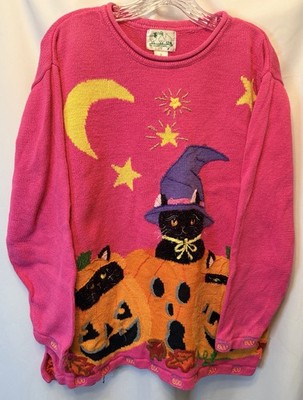 Vintage Quacker Factory Size 1X Halloween Pink Sweater Pumpkin Cat Moon Boo