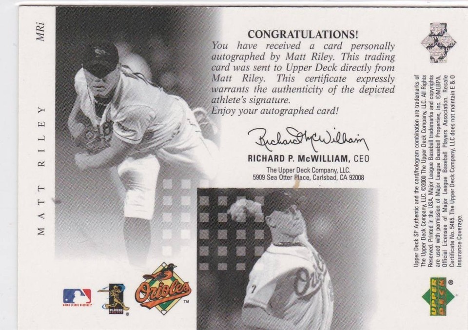 2000 Sp Authentic Matt Riley Chriography Autograph Auto #MRi Orioles | eBay