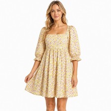 Storia Yellow Floral Puff Sleeve Babydoll Mini Dress M Square Neck Cottagecore