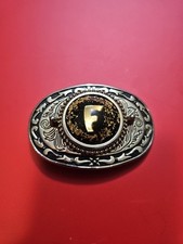 VTG Embossed F INITIAL Lucite Silver Finish Oval Belt Buckle Western Made In USA