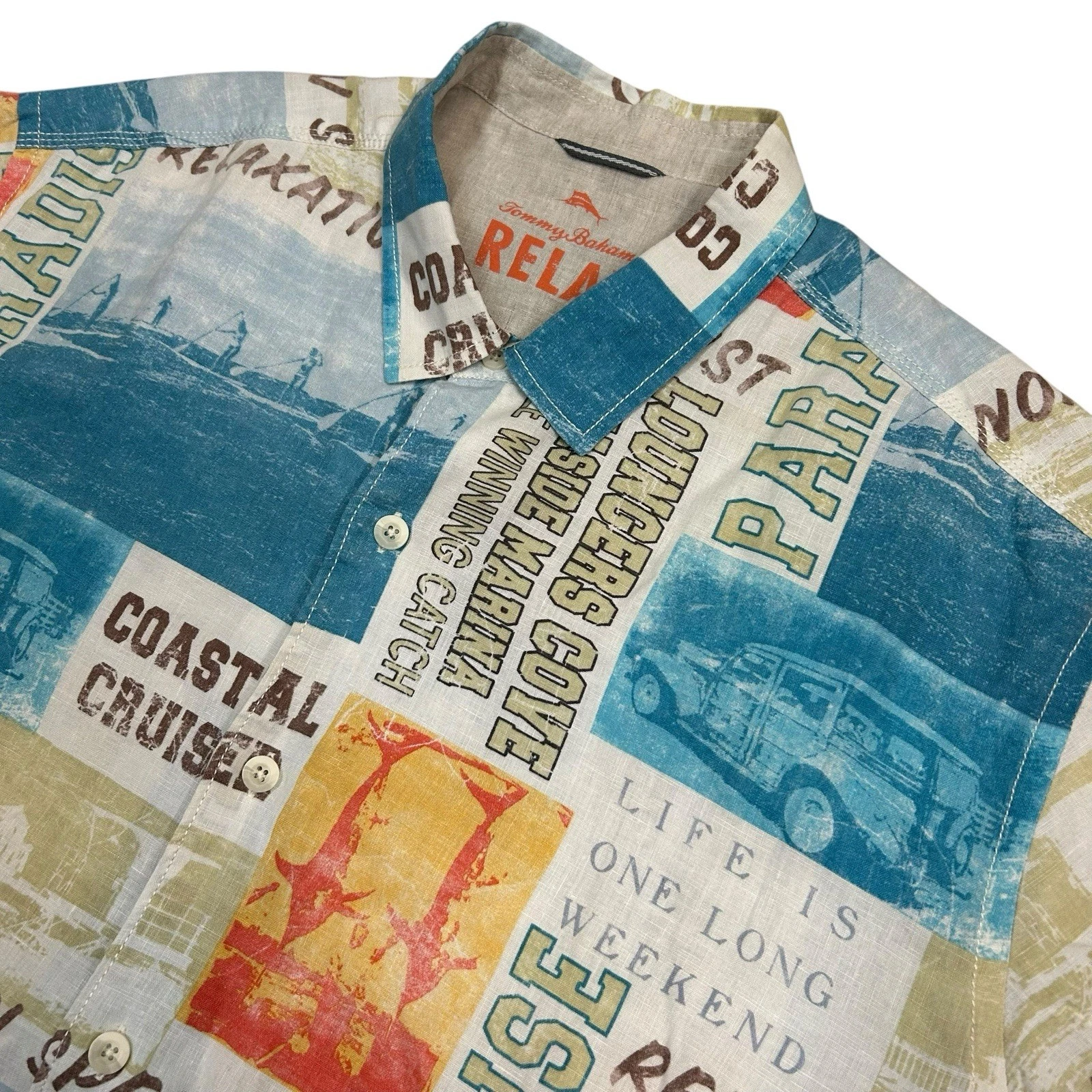Tommy Bahama Shirt Mens XXL Linen Loungers Cove All Over Print Colorful Camp