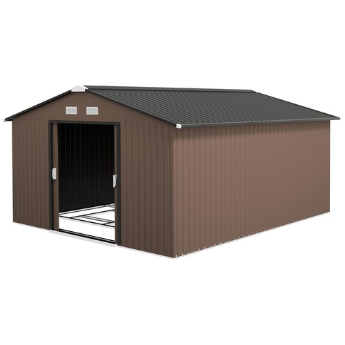 Brown 13' x 11' Steel Outdoor Utility Storage Tool Shed for Backyard Garden