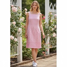 Talbots Petites Sheath Dress 10 Pink Cotton Eyelit Florals Classic Old Money
