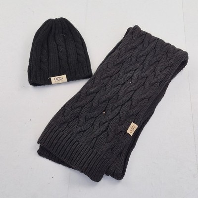UGG Schal Mütze Einheitsgröße Schwarz Damen Logo Zopfmuster 2 Stück Set