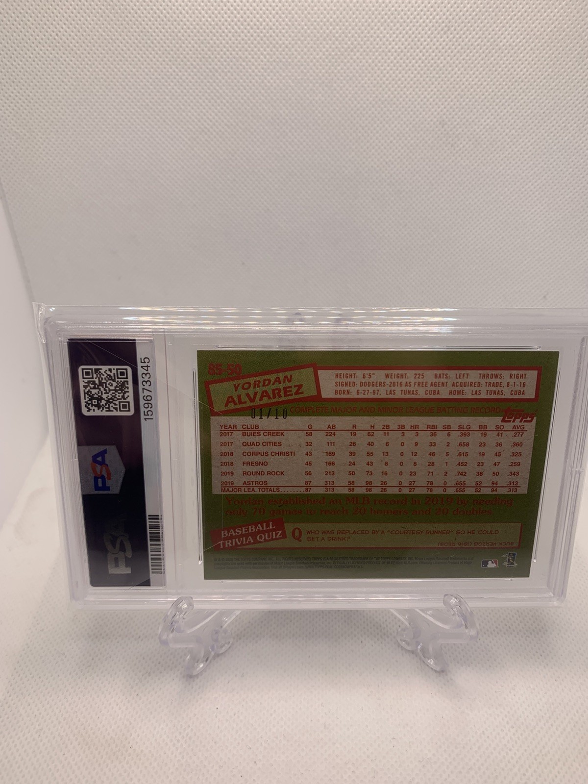 2020 Topps 35th Anniversary Red #85-50 Yordan Alvarez RC PSA 8 Serial #1/10 view 4