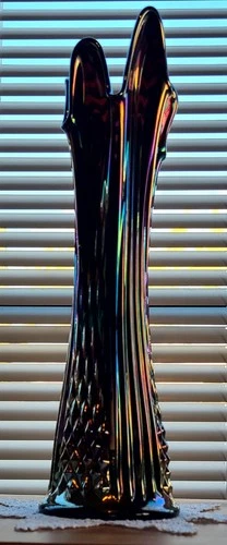 FENTON "Diamond-Ribbed" Iridescent Amethyst 15" Carnival Glass LARGE Swung Vase