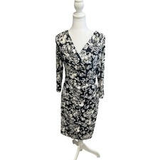 Lauren Ralph Lauren Dress Faux Wrap Floral Black White Sz 4 Jersey Knit Feminine