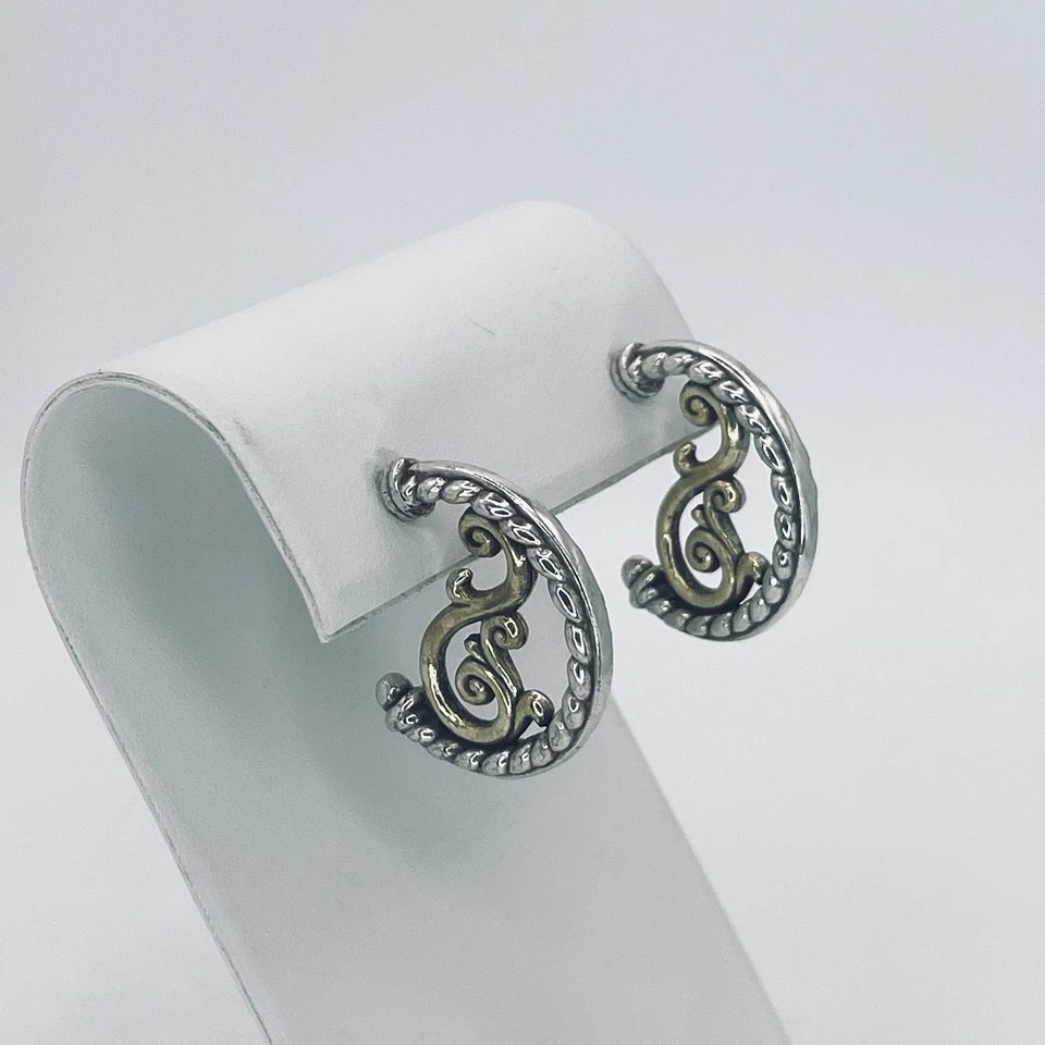 Brighton Hoop Earrings Antique Silver & Gold Rope Scroll Design Pierced Vintage - Image 4 of 4