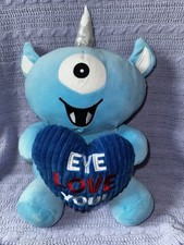 Goffa  EYE LOVE YOU  Blue Monster Cyclops 13 Inch Plush Unicorn Heart Pillow