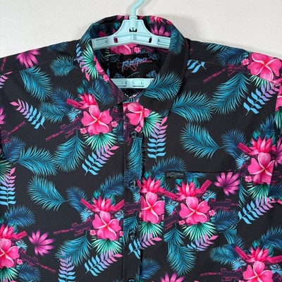 Retro Rifle Shirt Mens Large Black Tropics Button Down Hawaiian Floral Stretch