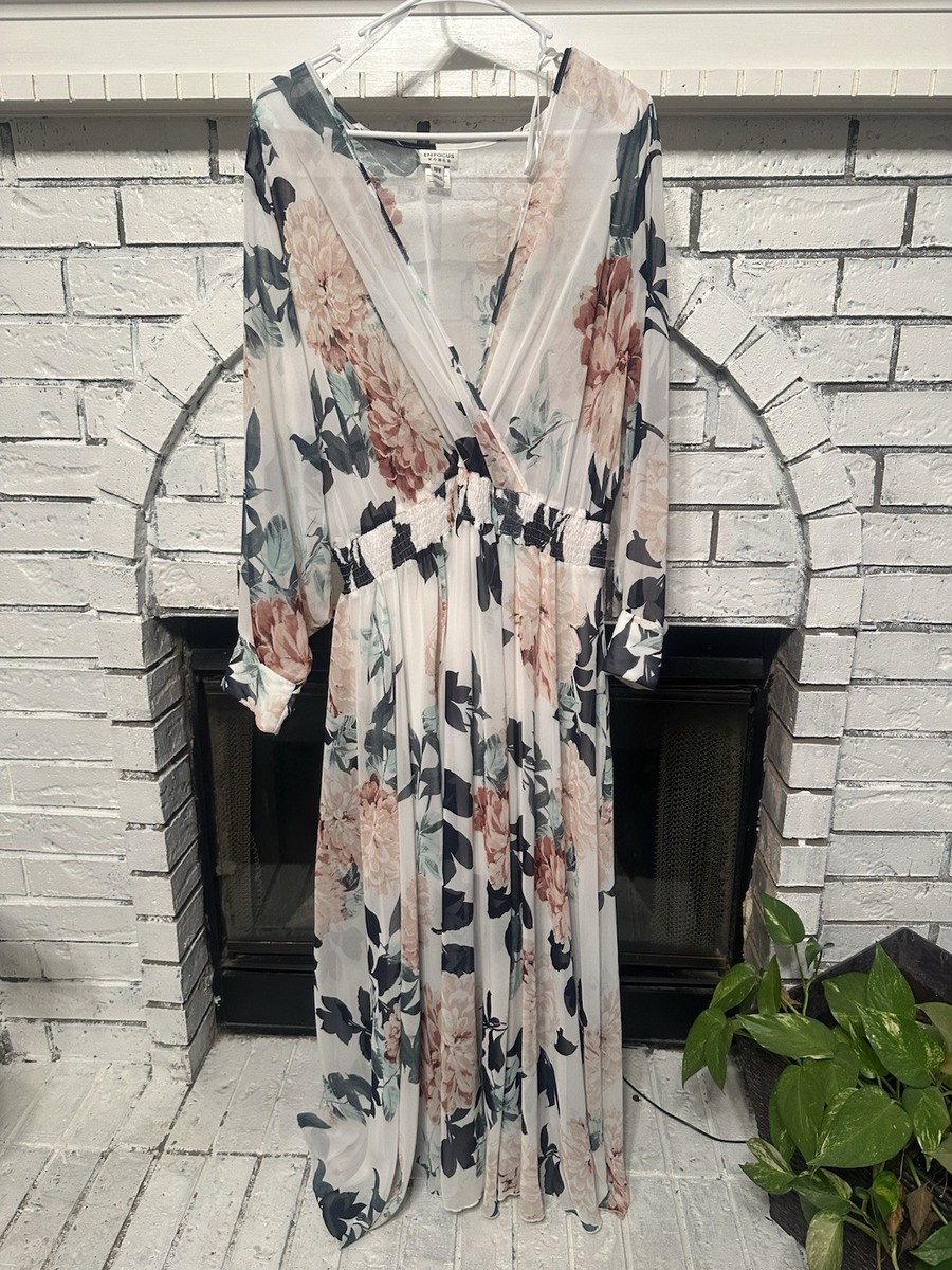 Express White Pink Green Floral Wrap Maxi Dress M V-Neck Long Sleeve  Pullover