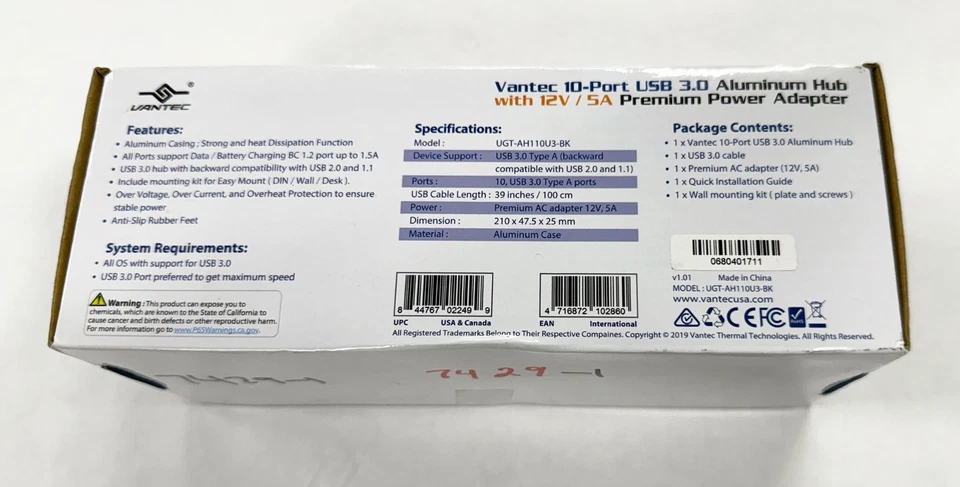 Vantec 227911 UGT-AH110U3-BK 10-port USB 3.0 Aluminum Data/Charging Hub Mac/PC - Image 2 of 4