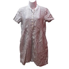 Quince Linen Shift Dress Women Blue White Striped Pintuck Short Sleeve Pocket M