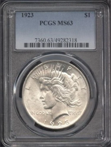 1923 MINT STATE 63 GOLD SHIELD UNITED STATES MINT PEACE SILVER DOLLAR PCGS MS63