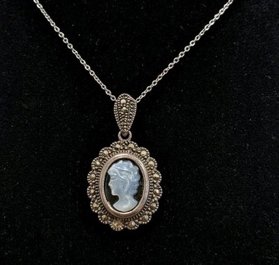 Vintage HAN Sterling Silver Marcasite Blue Mother of Pearl Cameo Necklace