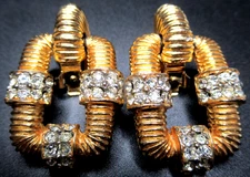 KJL KENNETH J LANE Sparkling Ice Rhinestone Golden Hoops Vintage Clip Earrings
