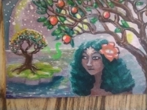 ACEO Watercolor Original Painting miniature oak Goddess Serpent cryptozoology