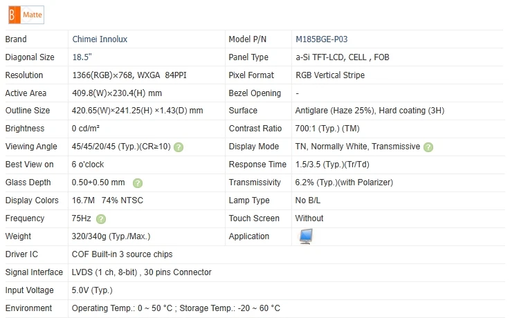 M185BGE-P03 ACER 18.5" E1900HQ LCD Panel Monitor LED 1366×768 REPLACEMENT - Image 4 of 4