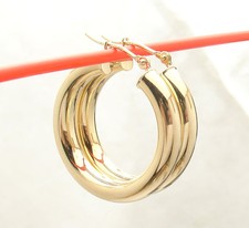 4mm X 25mm 1" All Shiny Round Hoop Earrings Real 14K Yellow Gold FREE SHIPPING
