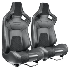 2PC Universal Black Racing Seats - PVC Sport Bucket Seats w/Sliders