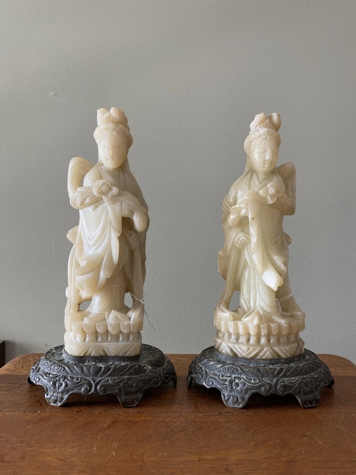 2 Antiguas Tallas de Jabonera China Figura Guanyin Lámparas de Bronce República Jade Foto 2 de 4