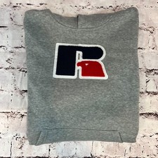 Russell Athletic Kids Youth Gray Carpet Logo Patch Hoodie Sweatshirt Size Large
