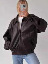 Women’s 90s Retro Brown Leather Bomber Jacket | Oversized Vintage Fashion Coat