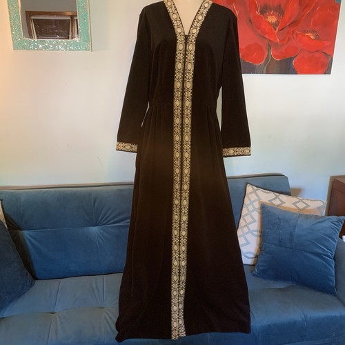 Vintage Saybury Black Velour robe Dress S Small Metallic Gold Ribbon Zipper